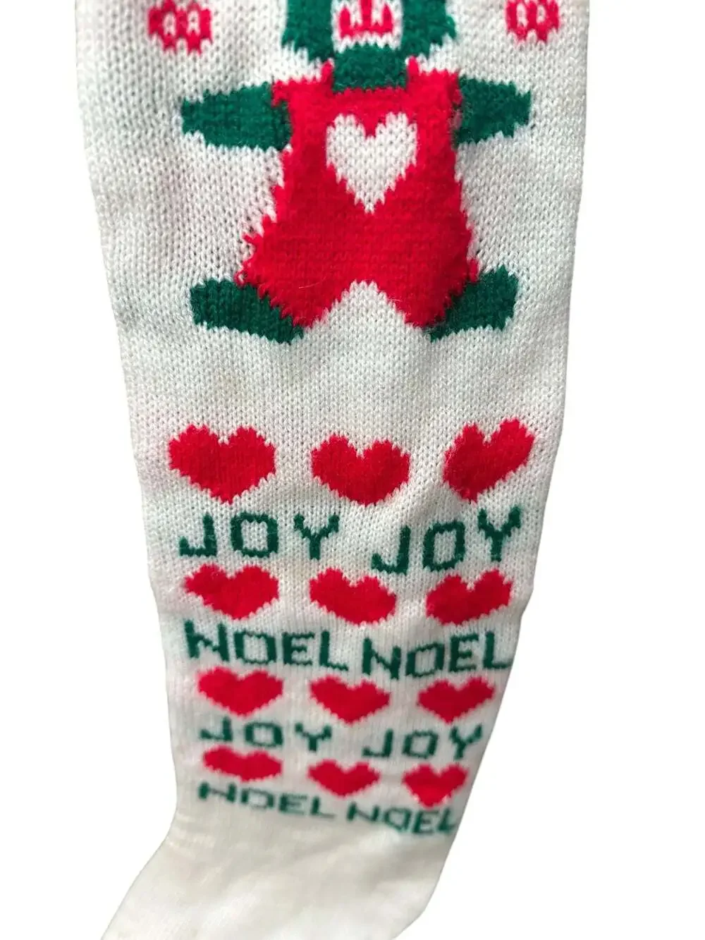 Vintage Knit Christmas Stocking Red and White with Teddy Bear Joy Noel Hearts an